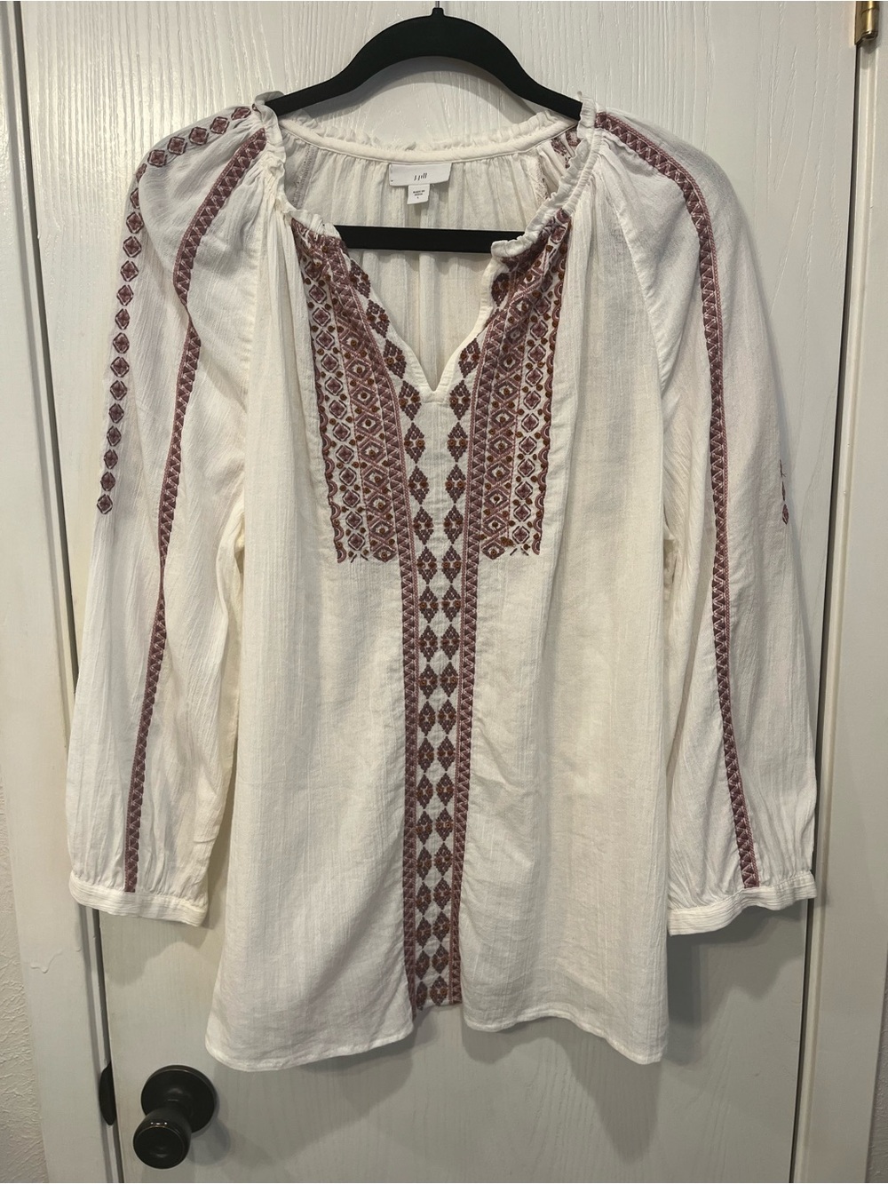J. Jill Cotton Gauze Tunic Top Blouse Beaded Embroidered Light Summer Sz Large